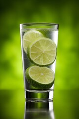 Fototapeta premium Sparkling lime slices dance in effervescent water, evoking midsummer madness and citrus solstice rituals, a zesty green symphony