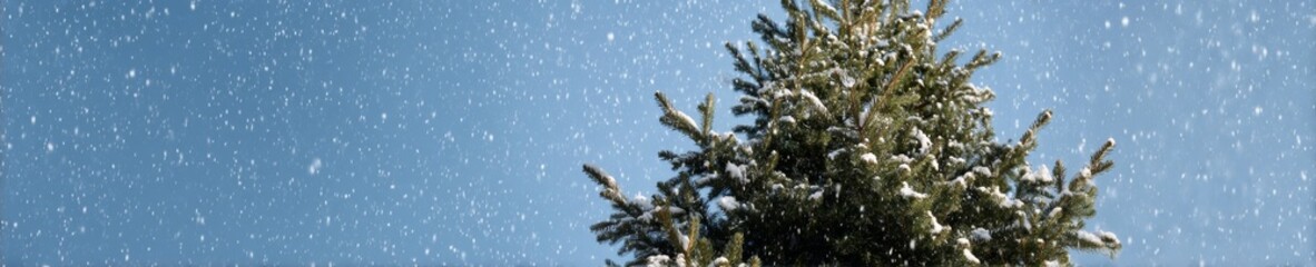 Snow-kissed evergreen under celestial flurries, evoking Yule enchantment and hygge serenity, whispers of winter's secret tales