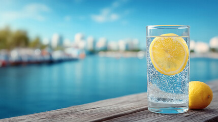 Refreshing lemon infused sparkling water with bubbly effervescence by the vibrant blue ocean and city skyline