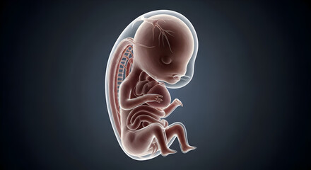 medical illustration of human embryo developing in womb