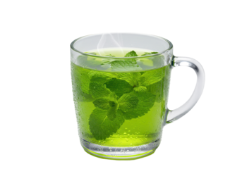 Isolated glass mug full of hot mint tea with steam, refreshing, beverage with mint leaves