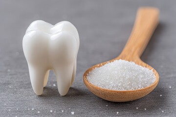 White tooth figurine beside a wooden spoon filled with granulated sugar