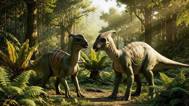 Two hadrosaur dinosaurs touch noses in a lush prehistoric jungle, sunlight filtering through ferns and canopy as the pair share a gentle, peaceful moment of connection