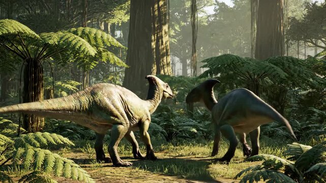 Two cgi hadrosaur dinosaurs are standing nose to nose, appearing to be a couple interacting playfully in a lush, ancient jungle environment filled with ferns and towering trees