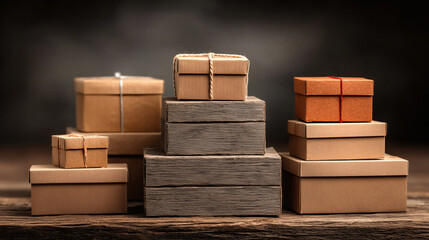 Beautifully arranged gift boxes tied with twine and ribbon on rustic wooden surface ready for celebration