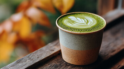 Sip vibrant matcha latte art in a cozy ceramic cup on a rustic wooden surface autumn leaves softly blurred behind