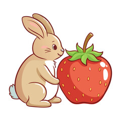 Cute Little Brown Bunny Rabbit Sniffing a Giant Red Strawberry Cartoon Vector