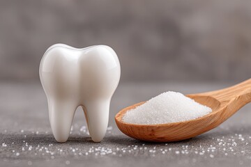 A white tooth figurine beside a wooden spoon containing granulated sugar.  A gray surface with sugar granules is visible in the background