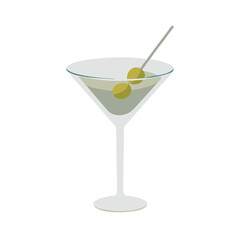 Classic Dry Martini Cocktail with Green Olives and Swizzle Stick Vector Illustration