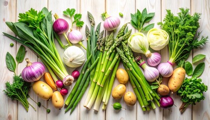 春の野菜、アスパラガスと玉ねぎ、新鮮な根菜、カラフルな野菜、木のテーブルの野菜、オーガニック食材、自然派ライフスタイル、野菜の盛り合わせ、ベジタリアンの食材、家庭菜園の恵み、ヘルシーフードの背景、白木背景と野菜、ナチュラルカラーの食材、ヴィーガン素材、新鮮なグリーン野菜

