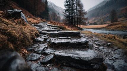 Mysterious wet stone path winds through misty mountain valley with river flowing gently