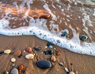 Ocean Waves on Sandy Beach with Pebbles.