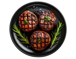 Three grilled beef steaks on a dark plate, garnished with rosemary sprigs and seasoned with pepper