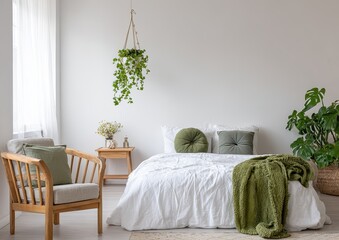 Bright, airy bedroom with wooden furniture, green accents, and hanging planter