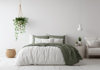 Minimalist bedroom with hanging planter and soft textiles