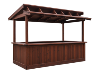 Isolated wooden outdoor bar with roof, summer garden furniture, wood booth for refreshments