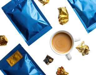 Coffee bags, gold foil, and a cup of coffee on a black background