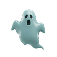 Cartoonish, shiny blue ghost with dark eyes and mouth on a white background