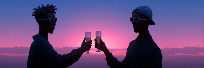 Silhouetted friends clinking champagne at twilight, vibrant celebration rhythm, Afro-Caribbean and Hispanic males, embracing Matariki energy
