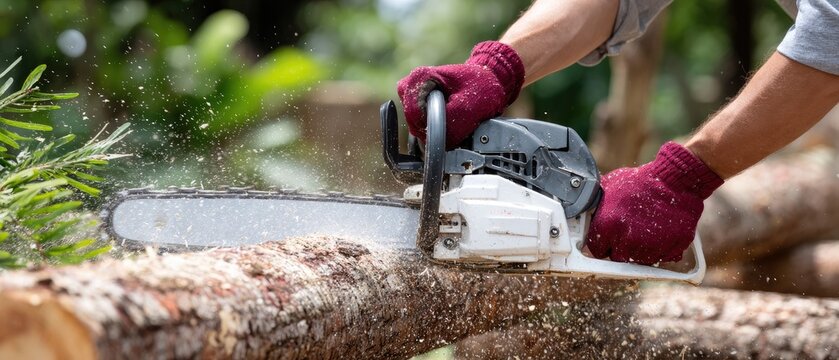 A skilled worker operates a chainsaw to slice through a log, creating sawdust, while tools and timber are visible in the background