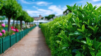 Fototapeta premium Landscaped Garden Path with Green Hedges and Distant Buildings Under Bright Sky