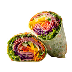 A vibrant sliced green wrap with generic meat, lettuce, tomato, cucumber, and red cabbage against transparent background. Healthy, colorful, and delicious food concept.