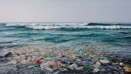 Plastic pollution at the shoreline. Waves crash onto a beach littered with discarded plastic bottles, jugs, and other debris