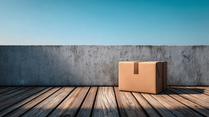 Cardboard box sits on rustic wooden planks against a concrete wall under clear blue sky