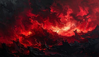 Swirling red and black clouds evoke apocalyptic energy, chaos, and fiery transformation over jagged terrain.