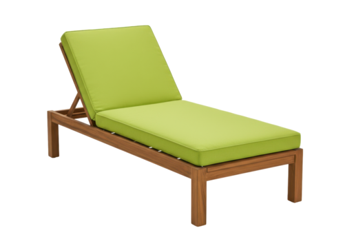Isolated lounge deck chair with green cushion for relaxation in the garden or by pool