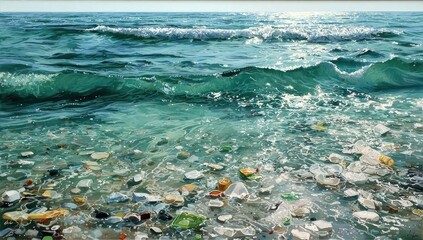 Ocean pollution, a detailed painting of plastic debris washing ashore.  