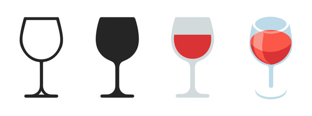 Wine glass icons in diverse styles: outline, solid, flat, and gradient