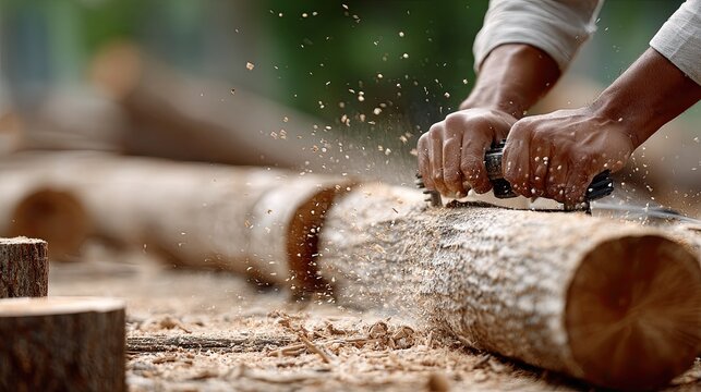 A skilled worker uses a chainsaw to efficiently cut a log into sections while wearing safety gear on a busy forestry site