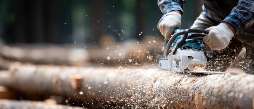 A skilled worker uses a chainsaw to efficiently cut a log into sections while wearing safety gear on a busy forestry site