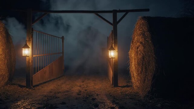 Mystical wooden gate opens in foggy night with lantern glow