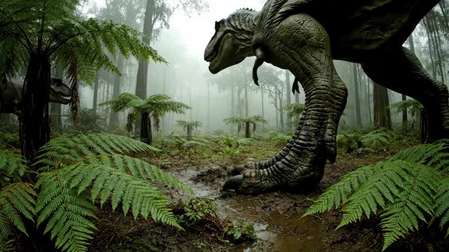 Tyrannosaurus rex's powerful foot is stepping into a muddy rainforest path, immersing viewers in a prehistoric jungle environment filled with ferns and thick fog