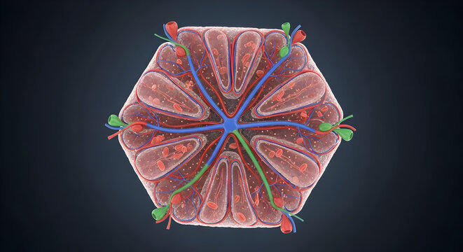 detailed human liver lobule microscopic anatomy illustration