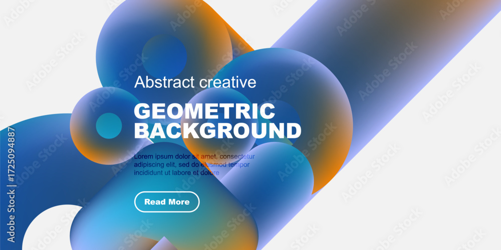 Poster modern design features vibrant blue, orange gradients. geometric shapes overlap text, creating dynam