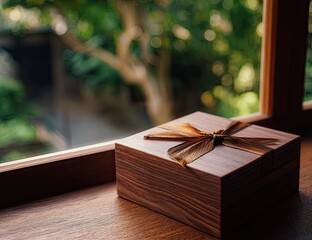 Wooden gift box on windowsill, blurred garden view