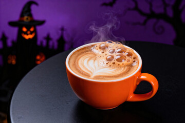 Spooky halloween latte art in orange mug with steaming coffee against creepy background
