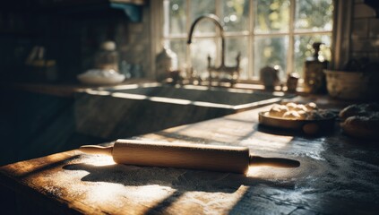Sunlight streams into a rustic kitchen, illuminating a wooden rolling pin dusted with flour on a countertop