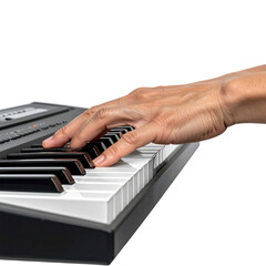 Fototapeta premium Close Up Of A Person'S Hand Playing A Digital Piano Keyboard With Black And White Keys isolated on transparent background. PNG die-cut for advertising