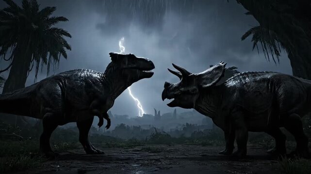 Two formidable dinosaurs, a lambeosaurus and a triceratops, facing each other in a dimly lit primeval jungle at night while heavy rain falls from a cloudy sky
