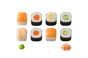 Assortment of sushi featuring salmon shrimp cucumber and wasabi arranged on a transparent background. This food is vibrant and showcases Japanese cuisine, perfect for culinary or nutritional themes.