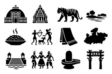 Indian culture silhouettes: temples, wildlife, dance, and cuisine
