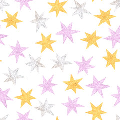 Seamless pastel star pattern. Hand drawn crayon texture in yellow, pink and gray. Cute childish design for baby products, wrapping, textile and festive decoration.