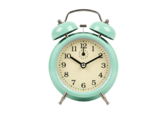 Isolated aqua retro alarm clock on seamless background. Time management and wake up reminder