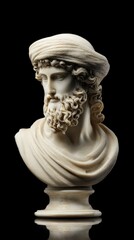 Obraz premium Marble Bust of Philosopher: A beautifully sculpted marble bust of a wise philosopher with a long beard and traditional headwear against a stark black backdrop. Evoking a sense of history, wisdom.