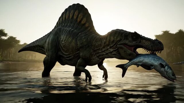 Spinosaurus, a large carnivorous dinosaur, bending down to drink water from a river against a bright background with lush prehistoric jungle on the far bank during sunset