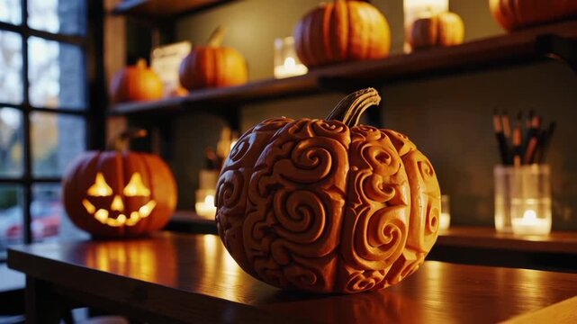 Intricate pumpkin carving in cozy autumn setting with flickering candlelight